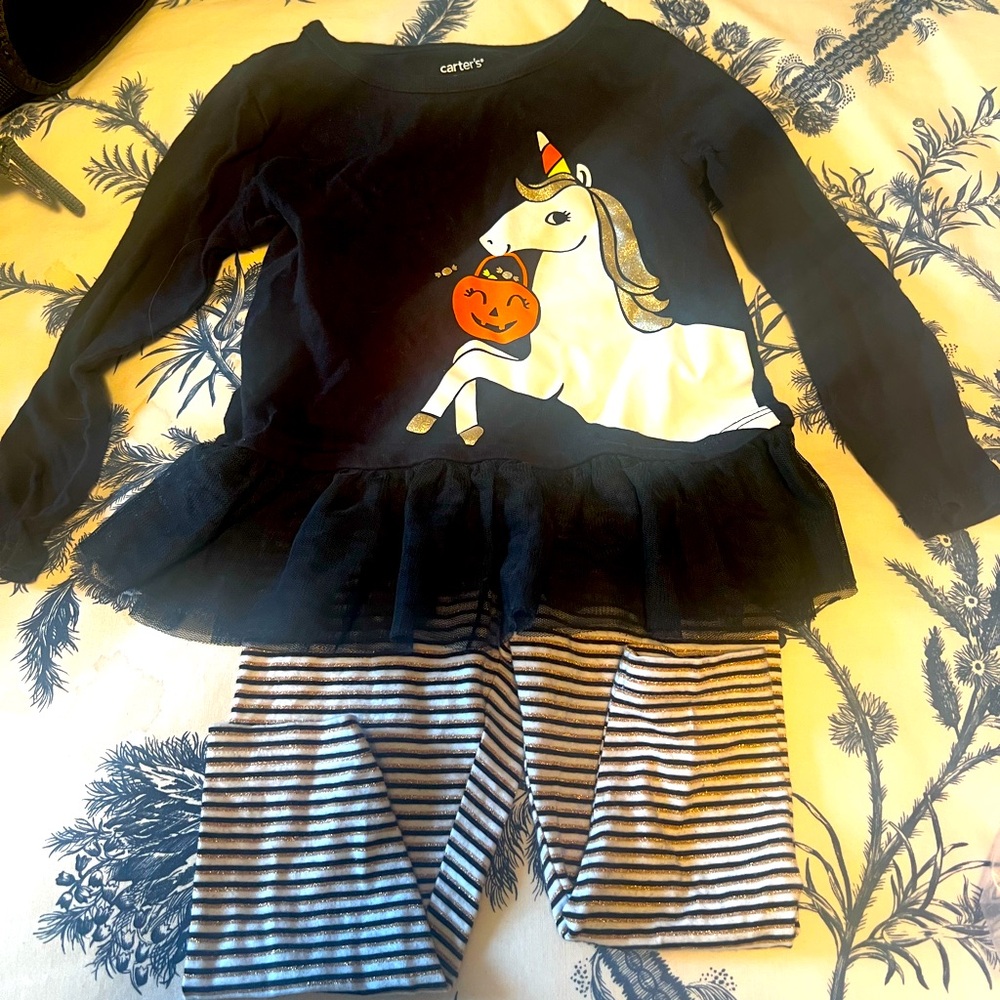 Carter's Black Unicorn outfit Haloween unicorn  with Striped Leggings 24 mo.